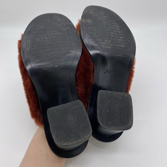 Zara Faux Fur Block Heel Mules Womens Size 38 Slip On Open Toe Sandals Burnt Red - Picture 10 of 12